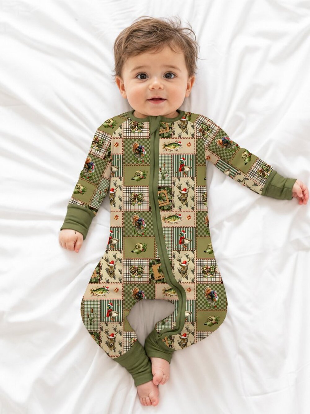 Christmas Cabin Patchwork Baby Bamboo Zipper Pajama Romper - 12-18M